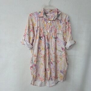 Papinelle Floral Sleep Shirt Women M Pink Cotton Flannel Pleated Tunic Pockets